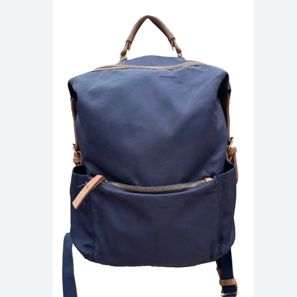 NEW! Tommy Bahama Navy Nylon Campus Backpack Tan Faux Leather Trim Handbag